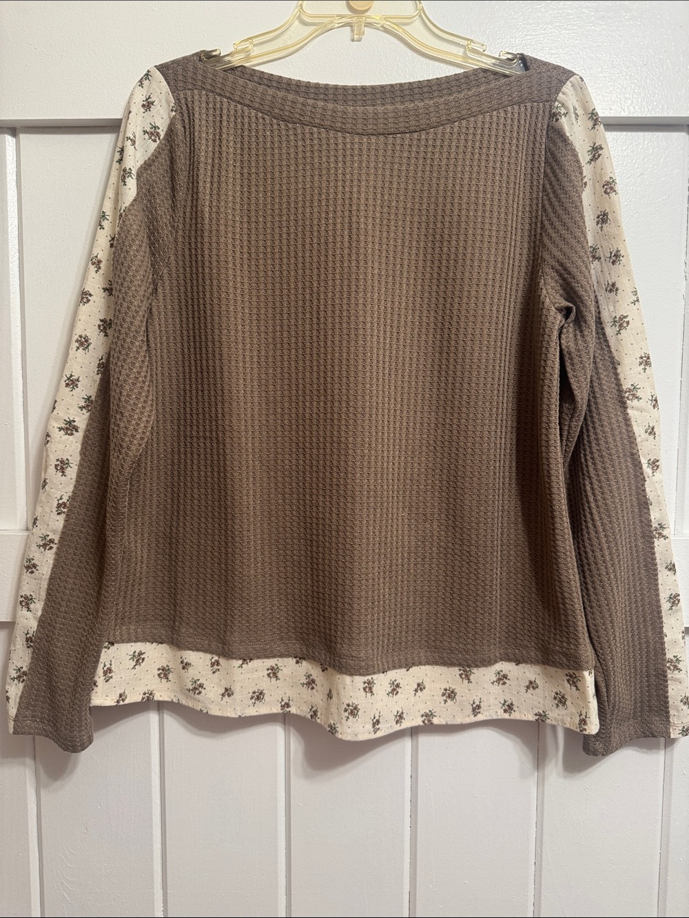 BiBi Brown Waffle-Knit Top with Cream Floral Trim